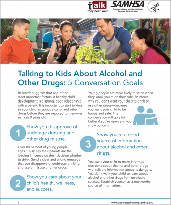 Talk. They Hear You: Talking to Kids About Alcohol and Other Drugs: 5 Conversation Goals – Fact Sheet