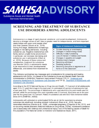 Advisory: Screening and Treatment of Substance Use Disorders among Adolescents (based on TIP 31-32)