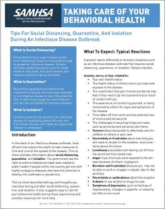 Taking Care of Your Behavioral Health – Tips for Social Distancing, Quarantine, and Isolation During an Infectious Disease Outbreak