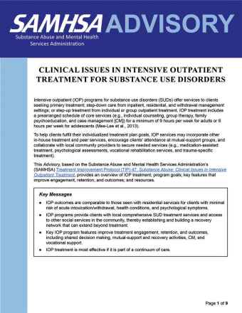 Advisory: Clinical Issues in Intensive Outpatient Treatment for Substance Use Disorders (based on TIP 47)